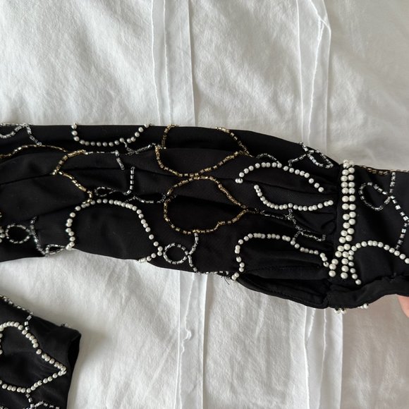 LoveShackFancy Norima Crop Cardigan Sz L Black Beaded Heart V-neck Cuff Sleeves - Picture 7 of 11